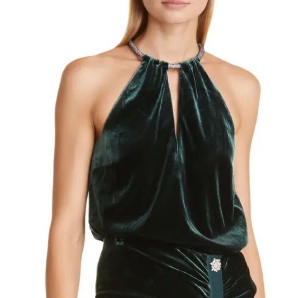 Veronica Beard Kusumi Velvet Halter Top in Emerald Green NWT Size 0